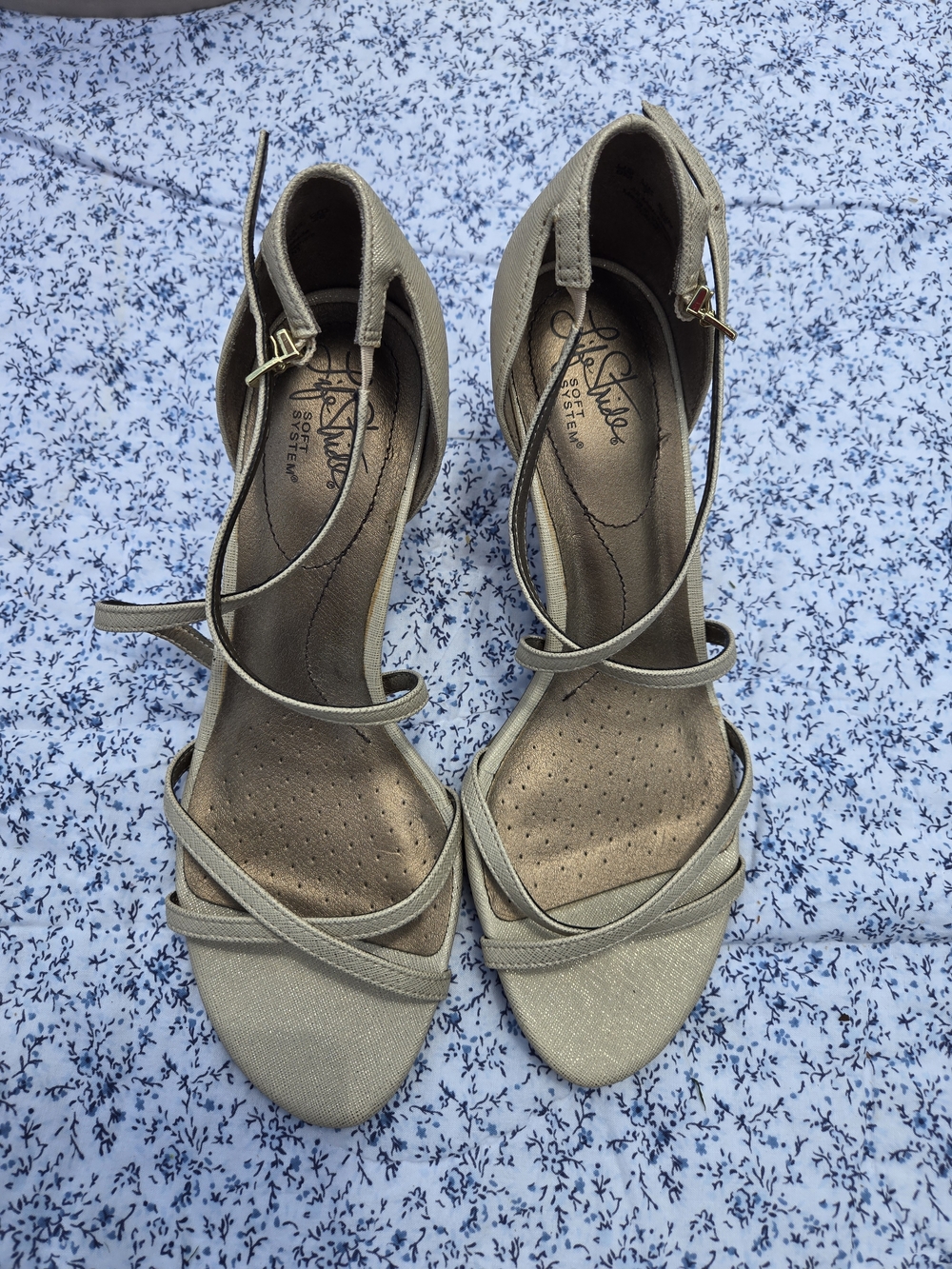 Life Stride Gold Strappy Ankle-Tie Heels